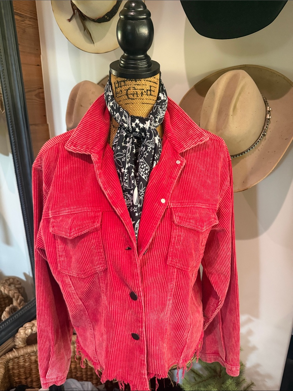 POL Red Corduroy Fringe-Hem Jacket